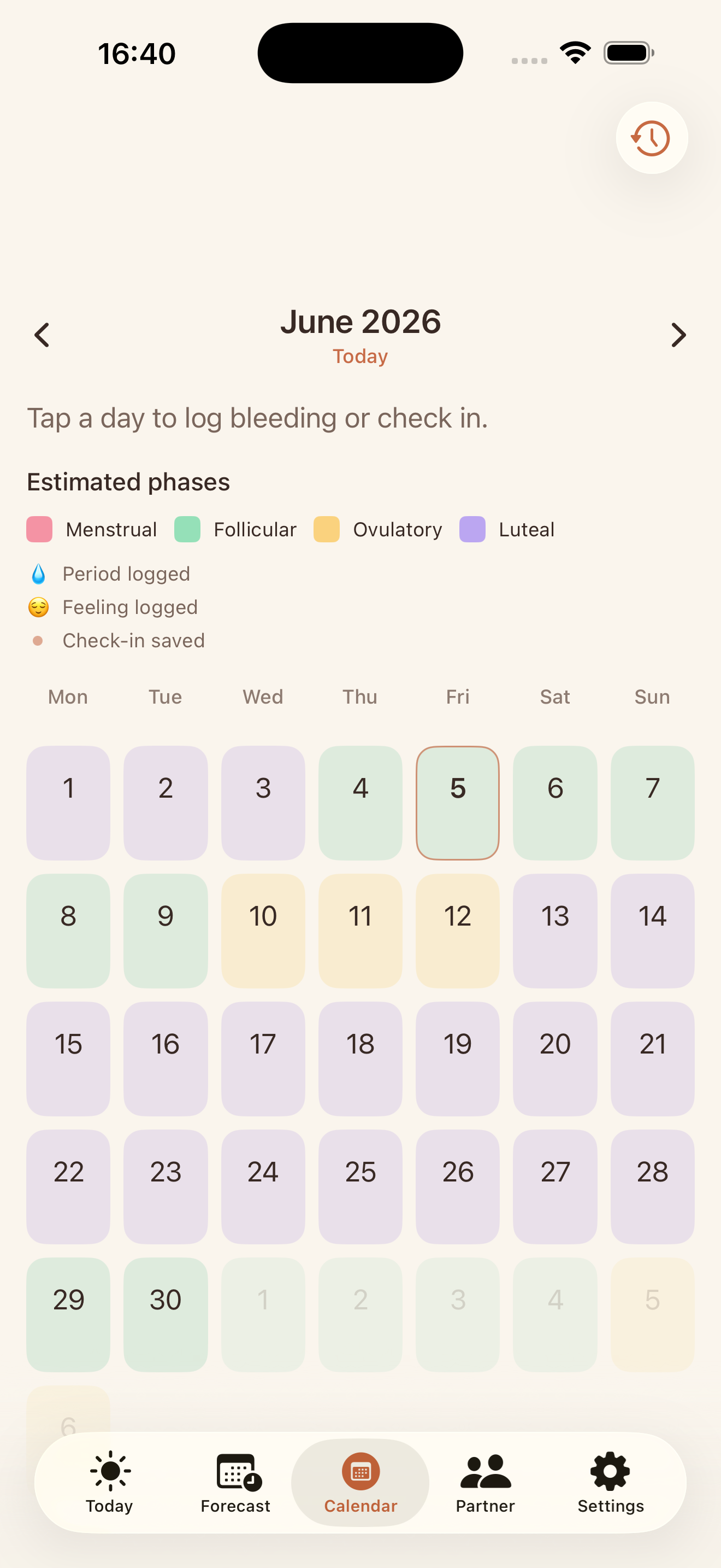 Calendar view with colour-coded cycle phases and logged check-in markers