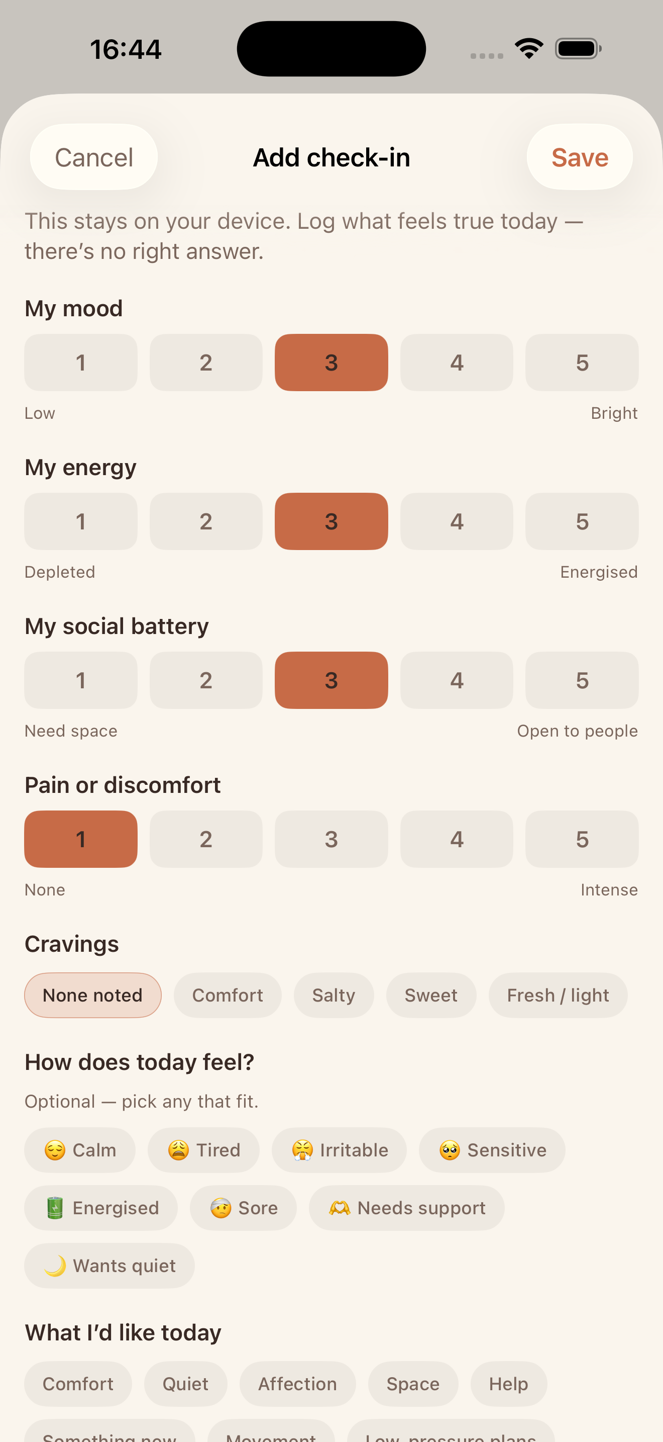Add check-in screen with mood, energy, feeling tags, and needs options