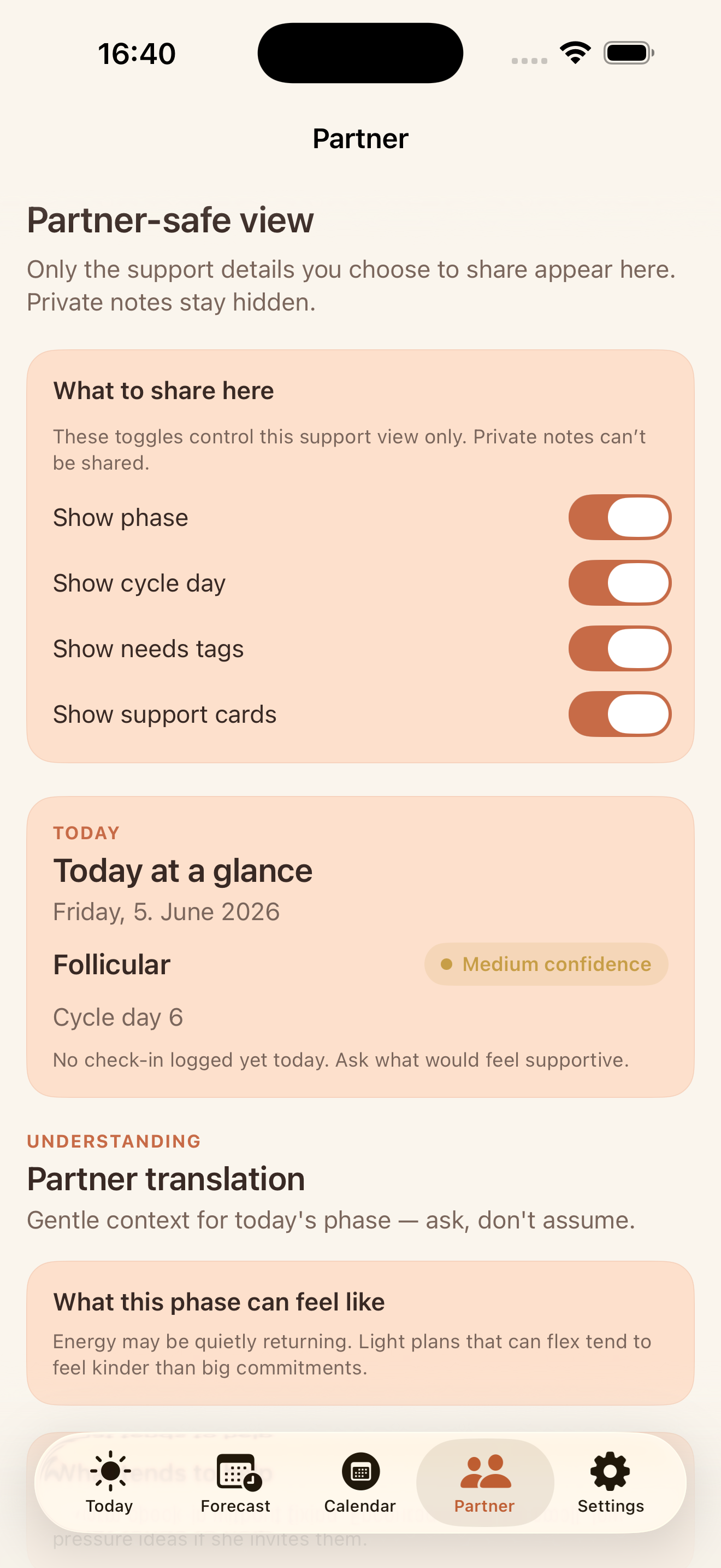Partner view with sharing toggles and plain-language support translation cards