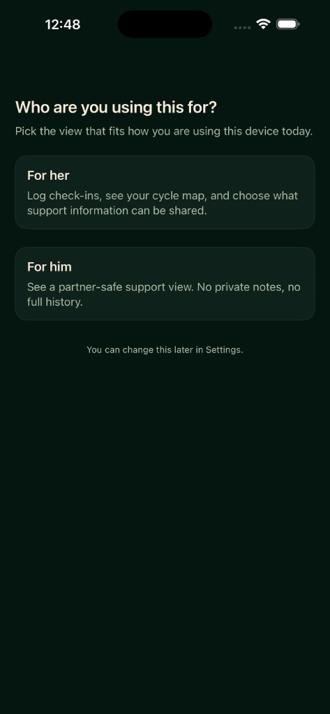 Role selection screen with For her and For him options