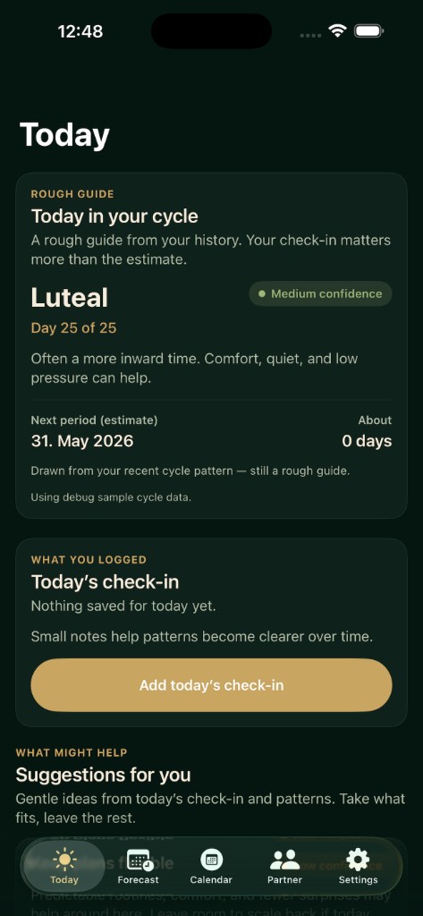 Today screen showing cycle phase, check-in, and suggestions