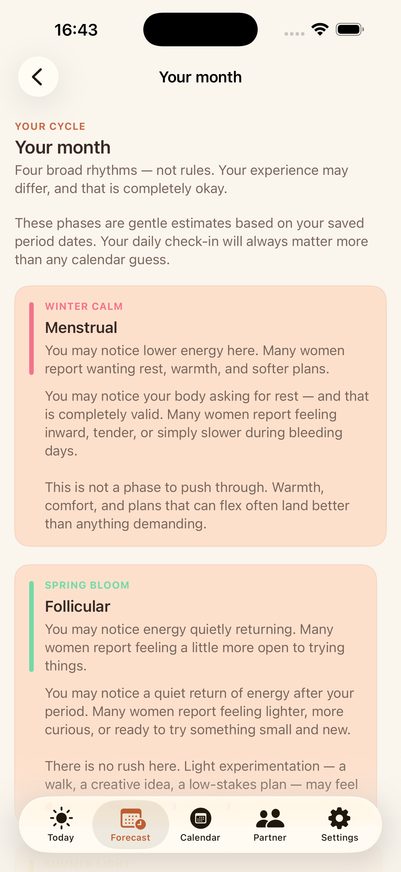 Your Month screen describing menstrual and follicular rhythms in plain language